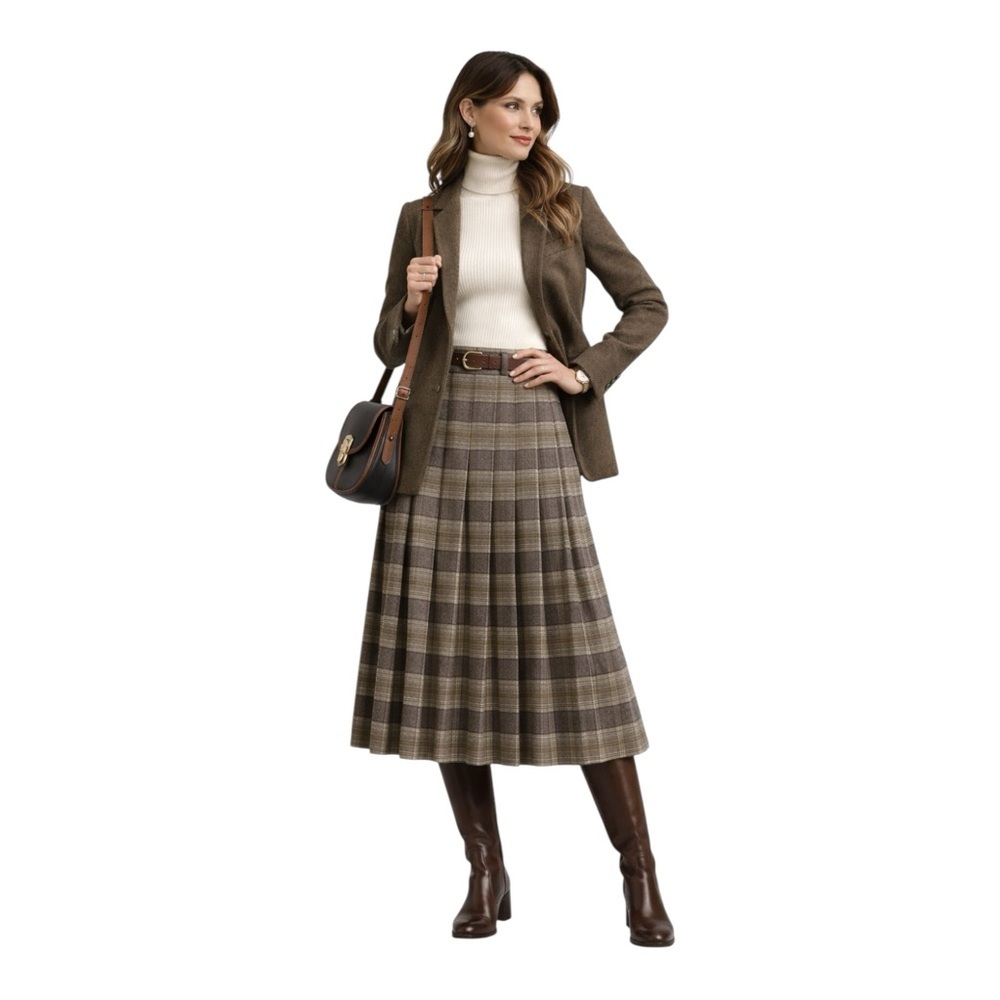 Vintage Pendleton Glen Plaid Tan and Brown Pleated Midi Skirt - Women’s XS